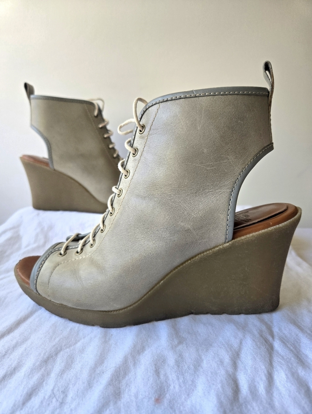 Dr Martens Sabrina Women's Leather Lace Up Open Toe Wedge Booties Gray Size 11